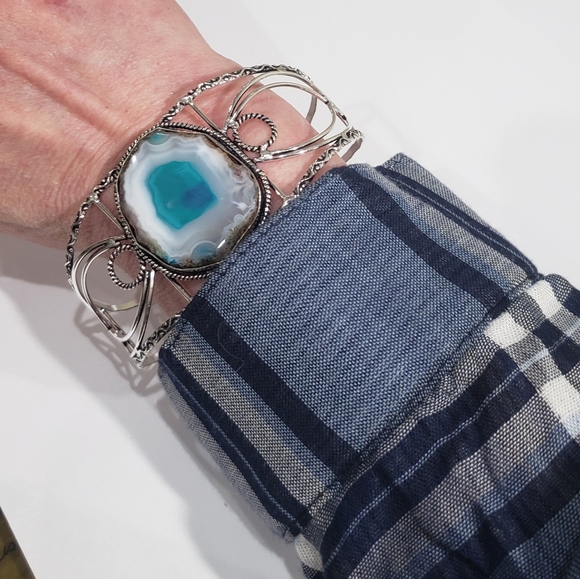 Agate Bracelet, 925 silver agate geode slice gemstone adjustable cuff bracelet - Picture 14 of 14